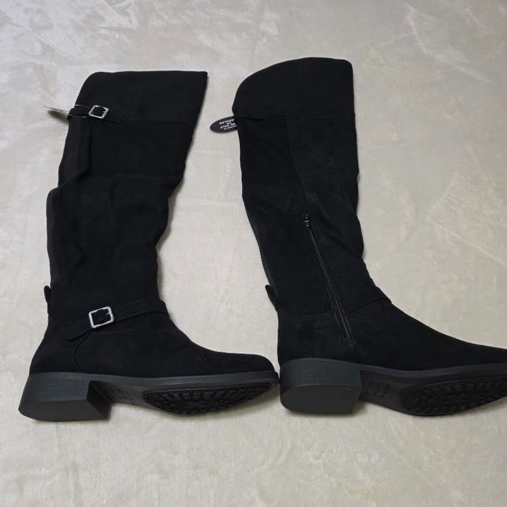 Sun+Stone 8M Anyaa Faux Leather/Suede Over Knee Boots Black Stretch Back Seam